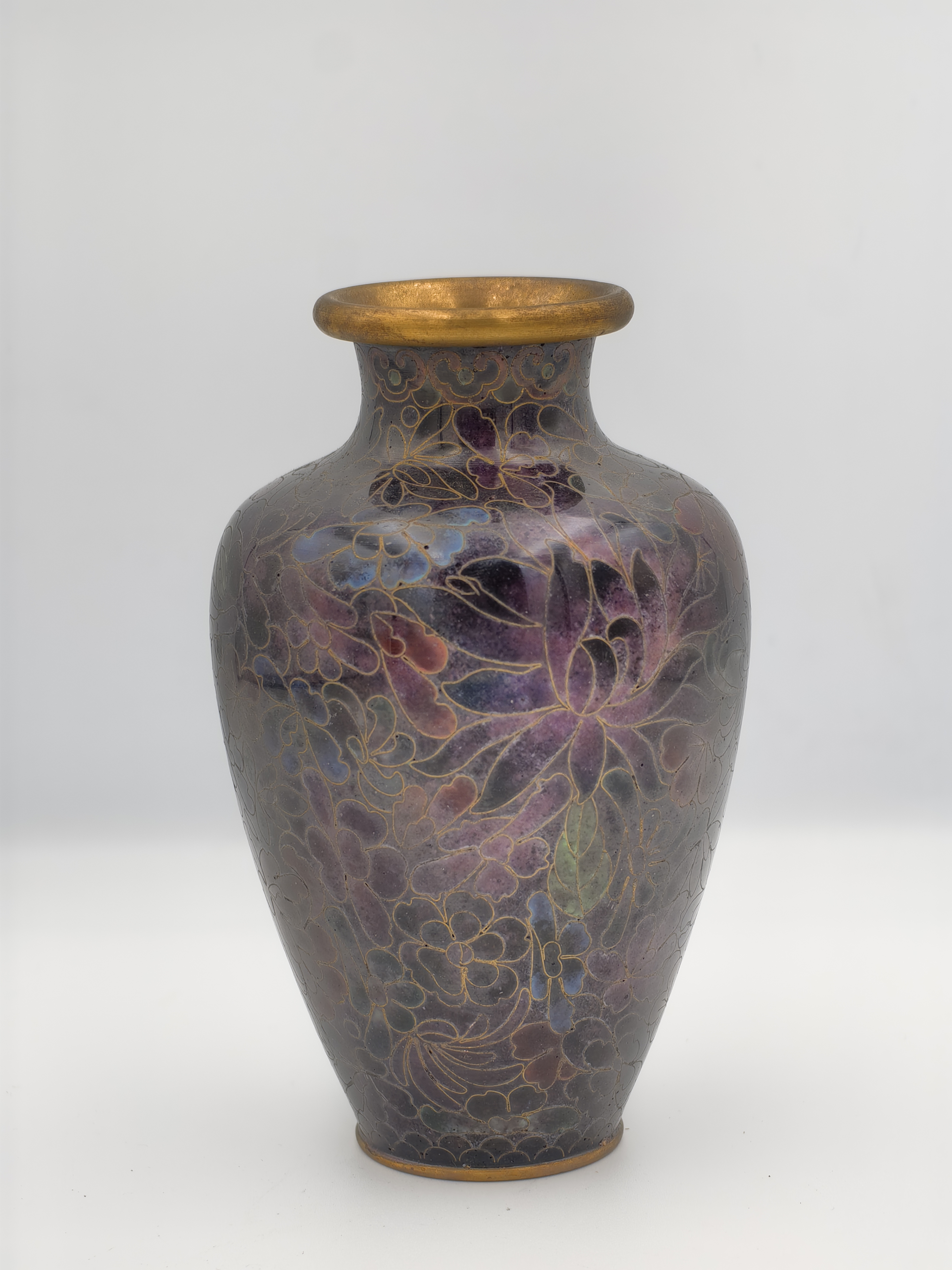 Cloisonné Vase Gold Purples Floral Enamel Brass Decor - Additional view