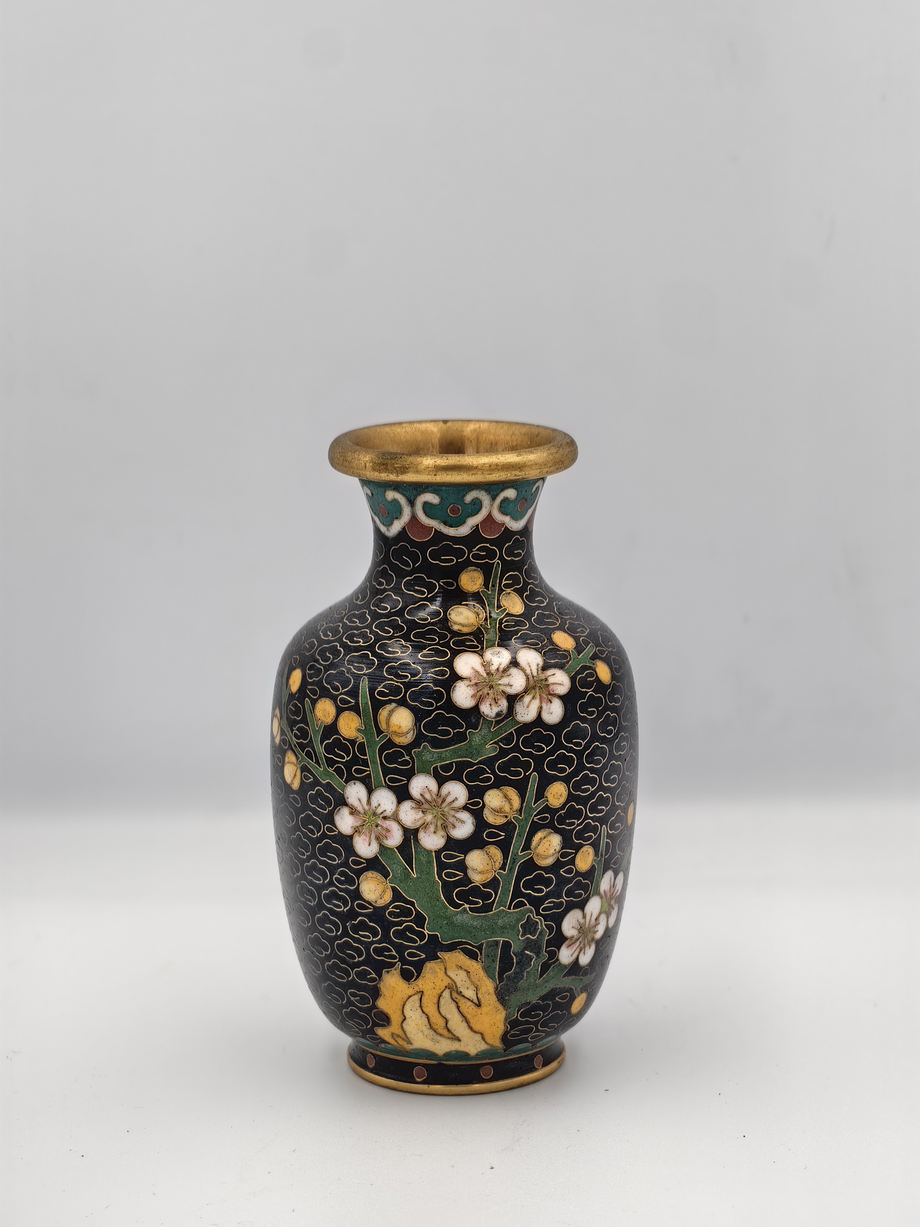 Chinese Cloisonne Vase Black Floral Design