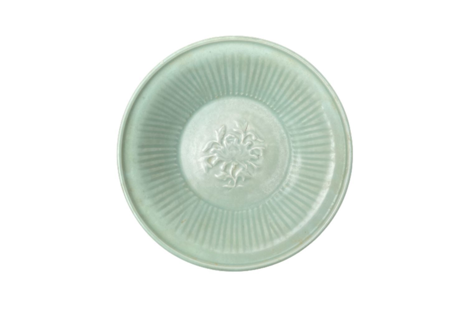 A Large Ming Style Celadon Glazed  Dish with Molded Floral Decoration.