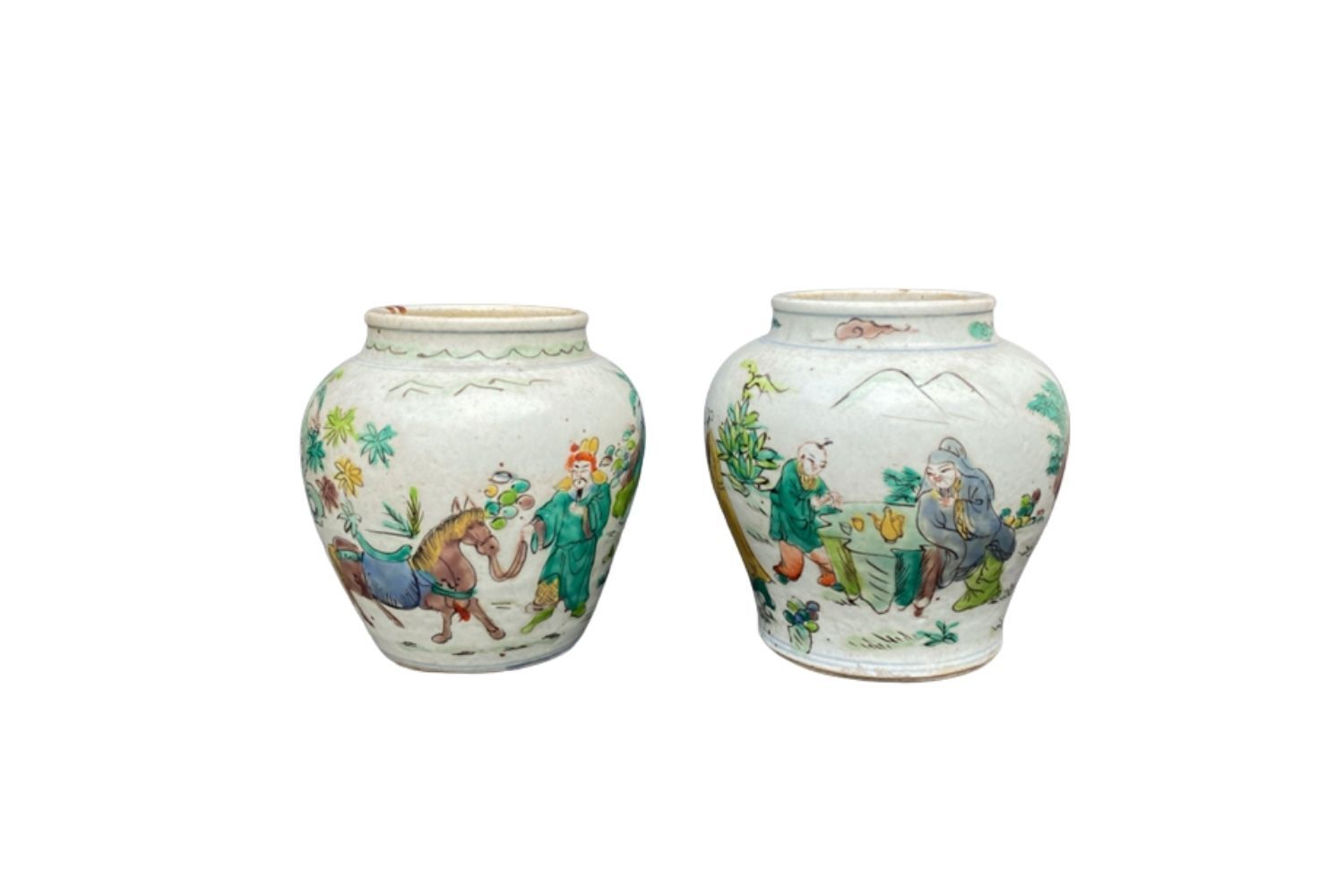 Two Chinese Multicolor Ginger Jars with Figural Designs