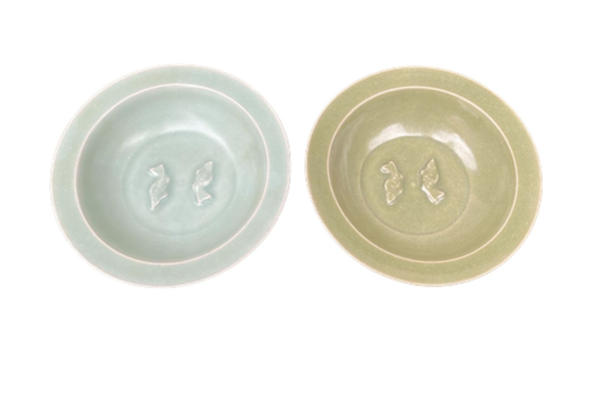 Lot of Two Yuan Style Celadon Glazed “Twin Fish” Lotus Dishes