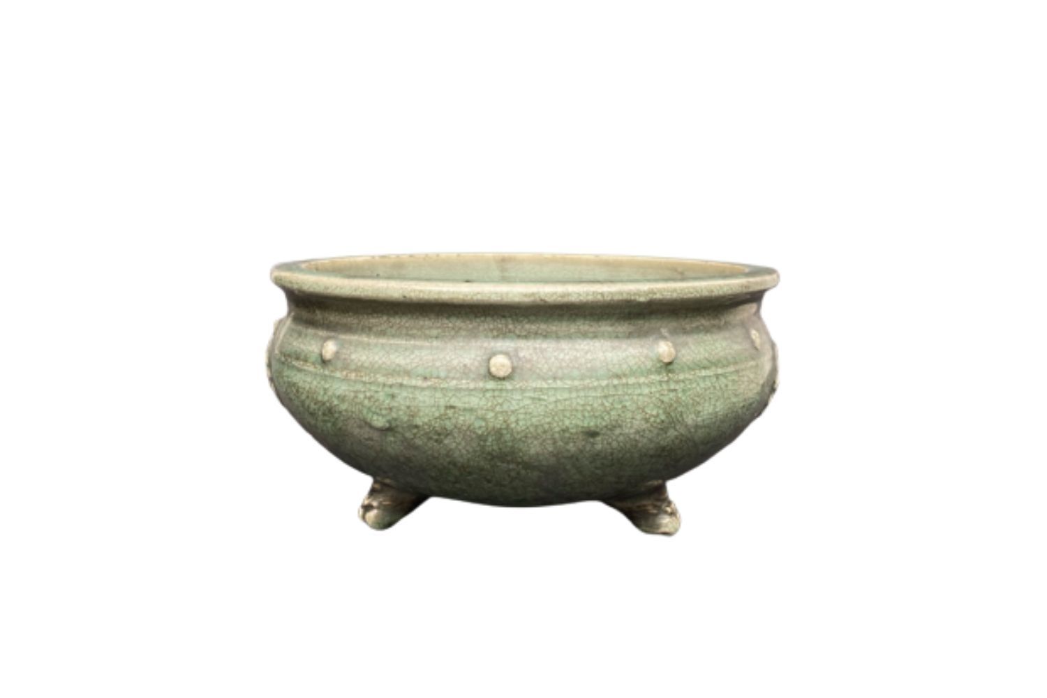 A Large Ming Style Celadon Glazed Tripod Censer with Masks