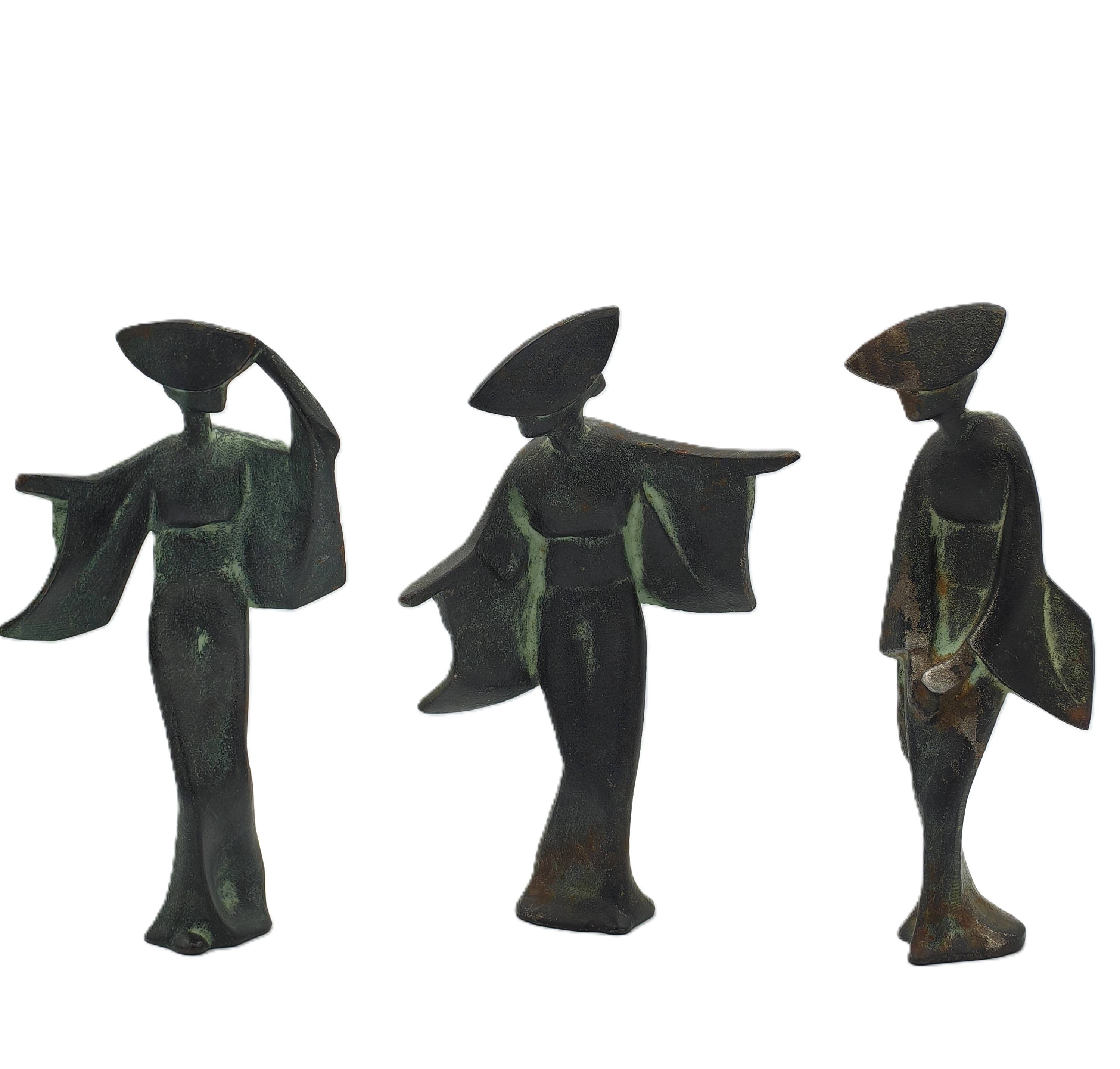 Trio of Cast Iron Awa Odori Geisha Sculptures