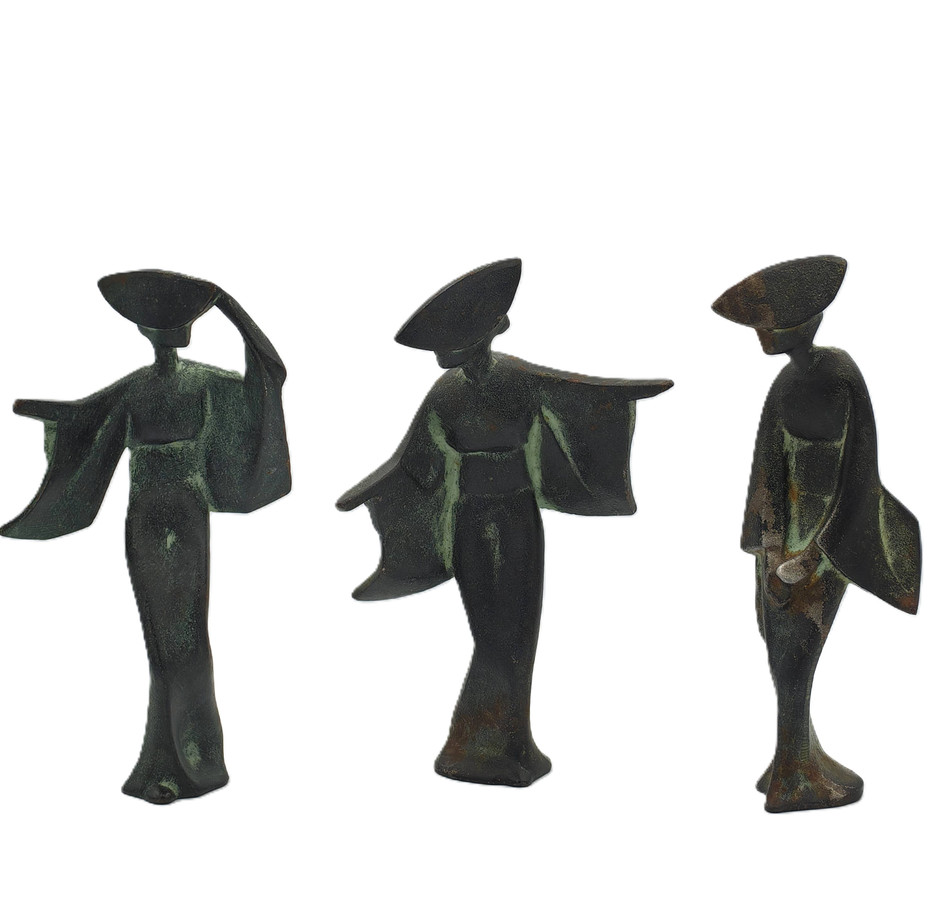 Trio of Cast Iron Awa Odori Geisha Sculptures