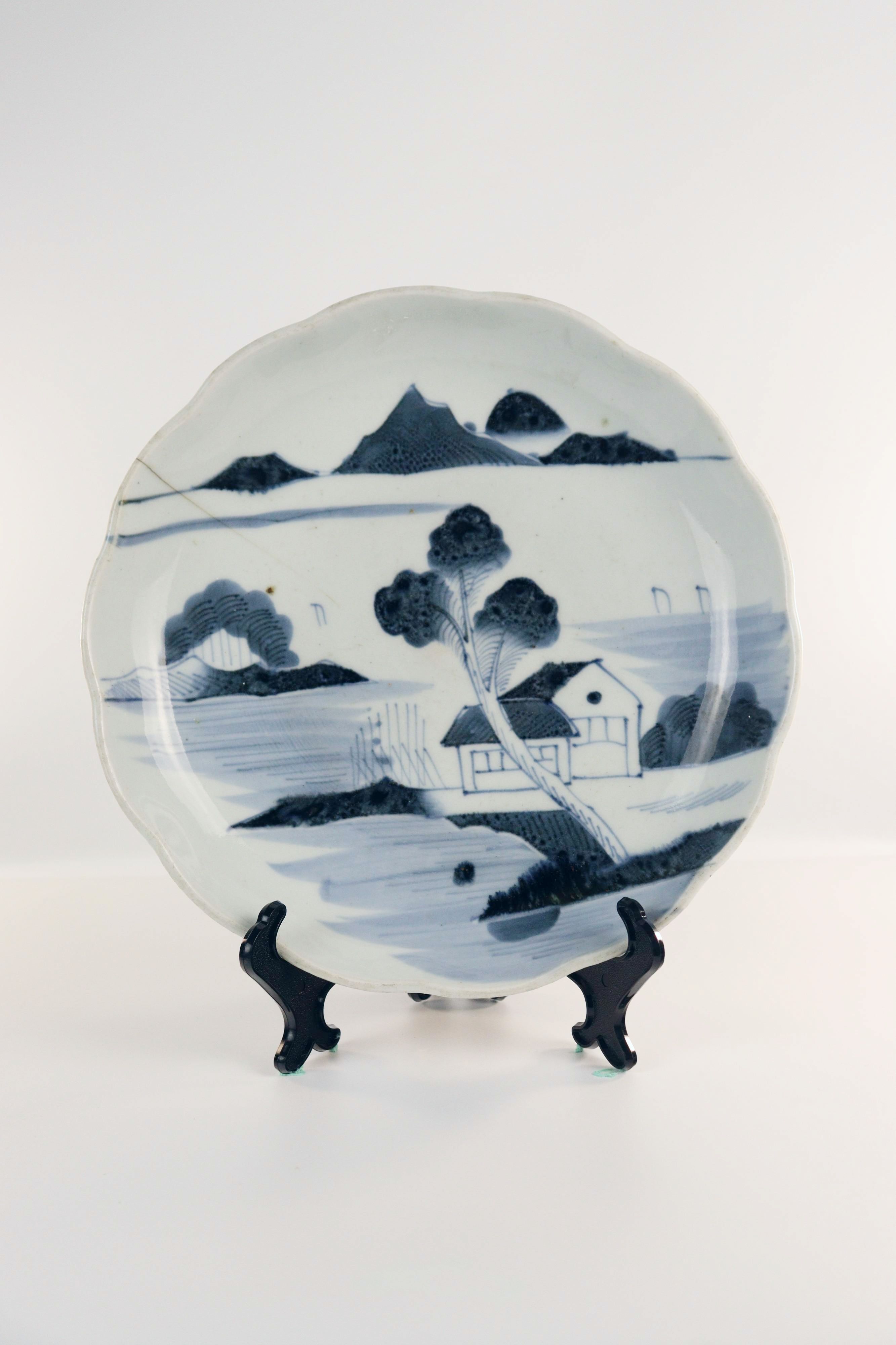 Japanese Blue & White Arita Scalloped Porcelain Dish