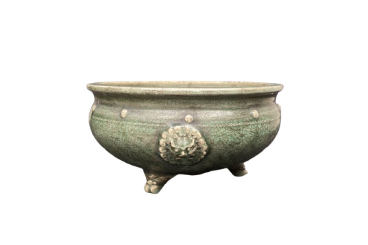 A Large Ming Style Celadon Glazed Tripod Censer with Masks - Additional view