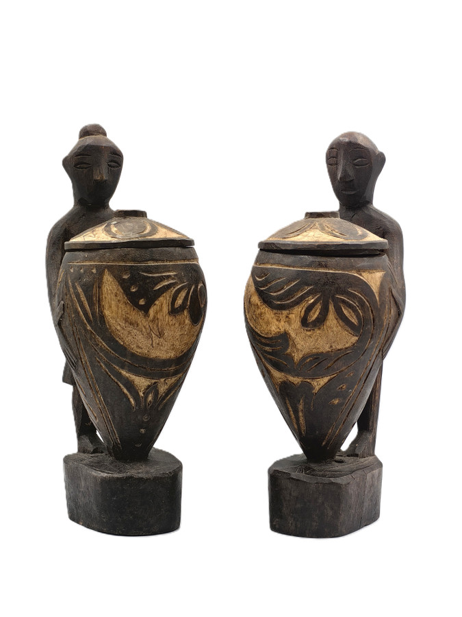 20th Century Palawan Wood Carving of a Couple Holding Large Jars