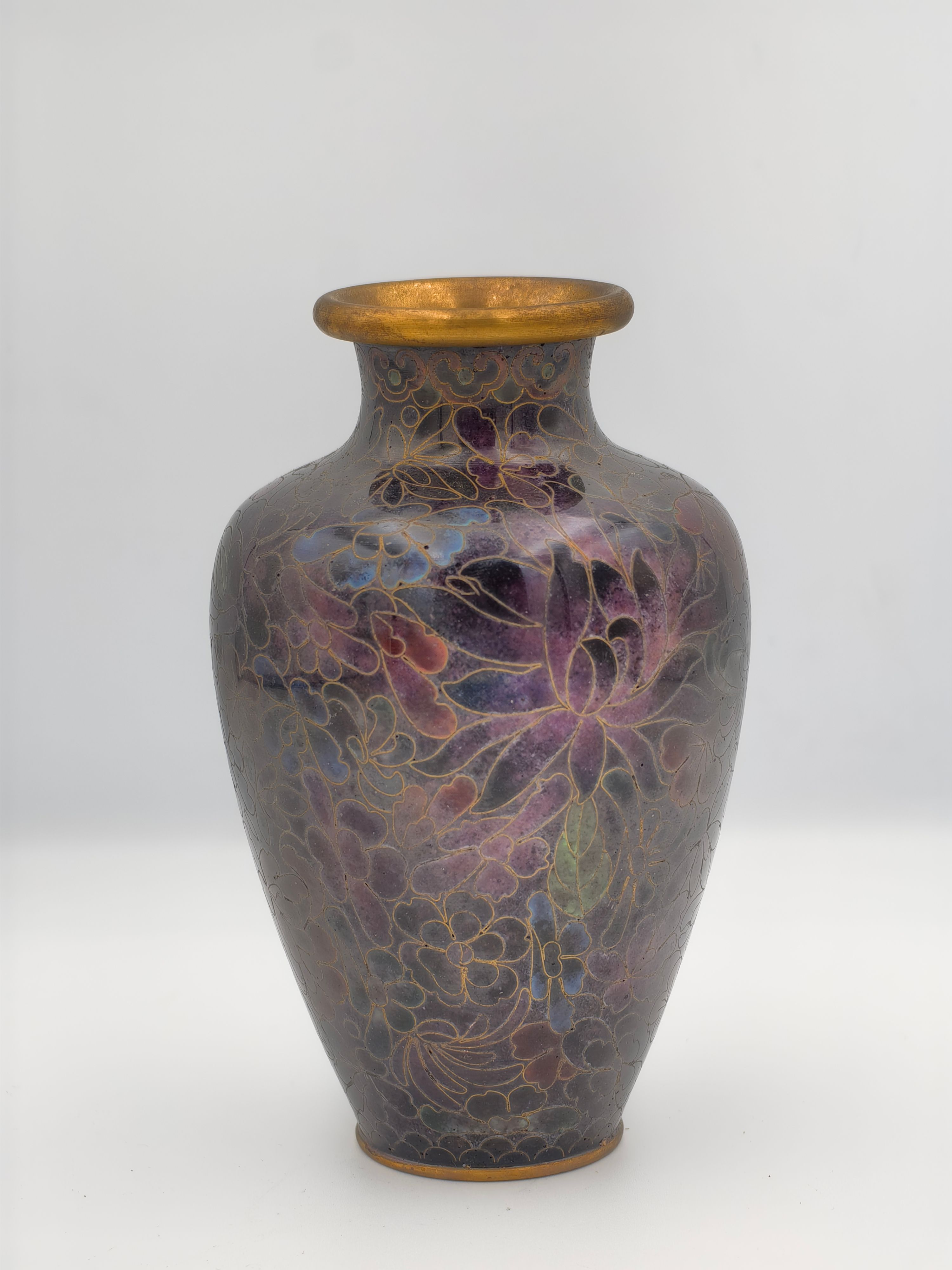 Cloisonné Vase Gold Purples Floral Enamel Brass Decor - Additional view