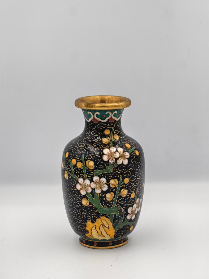 Chinese Cloisonne Vase Black Floral Design