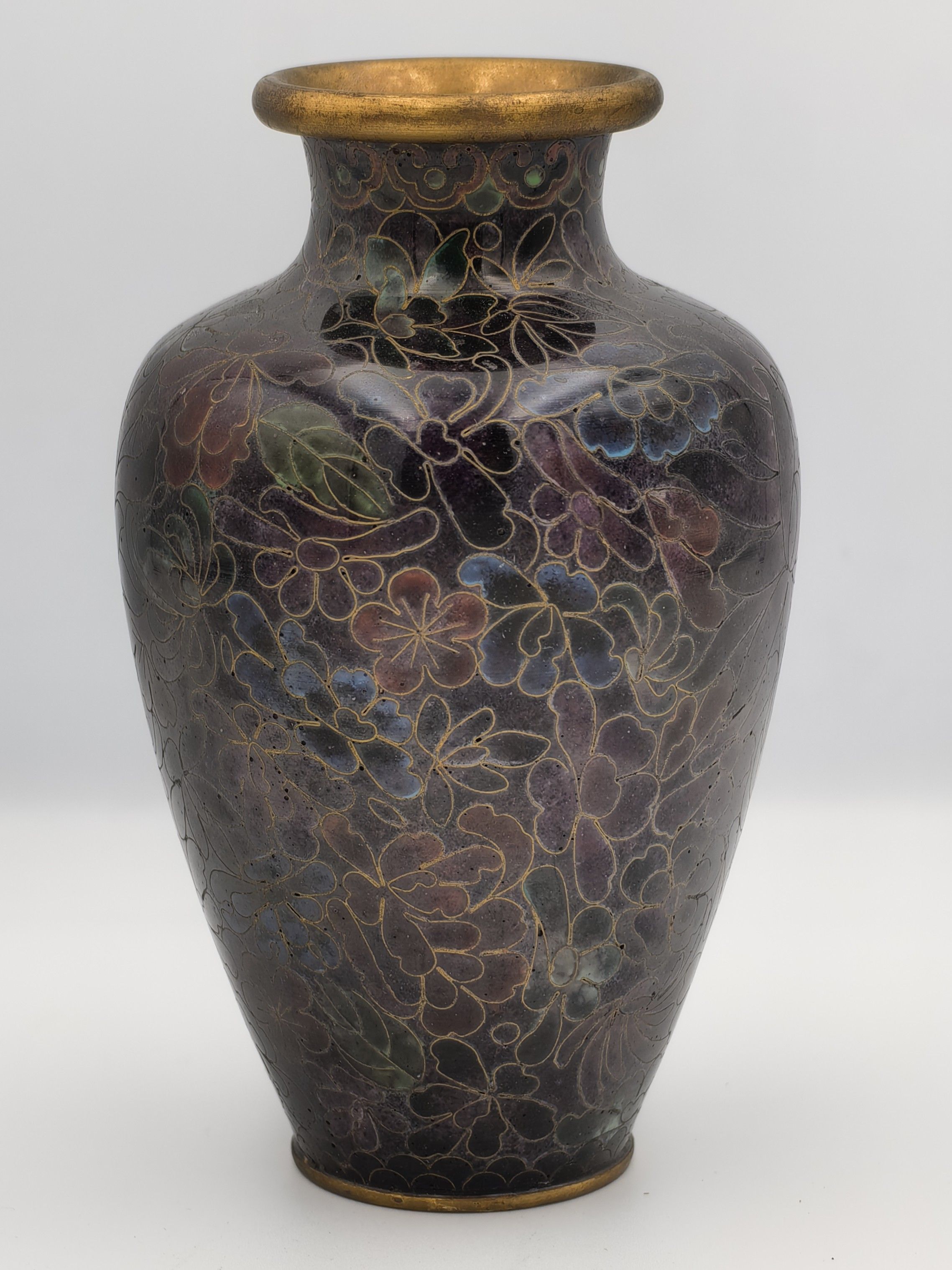 Cloisonné Vase Gold Purples Floral Enamel Brass Decor