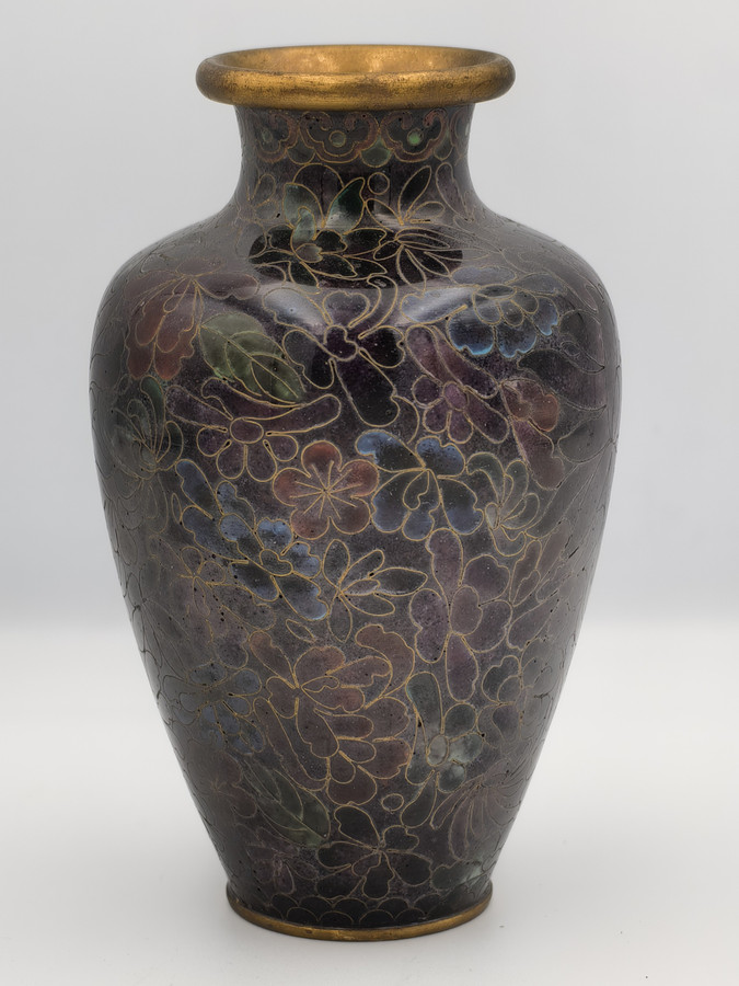 Cloisonné Vase Gold Purples Floral Enamel Brass Decor