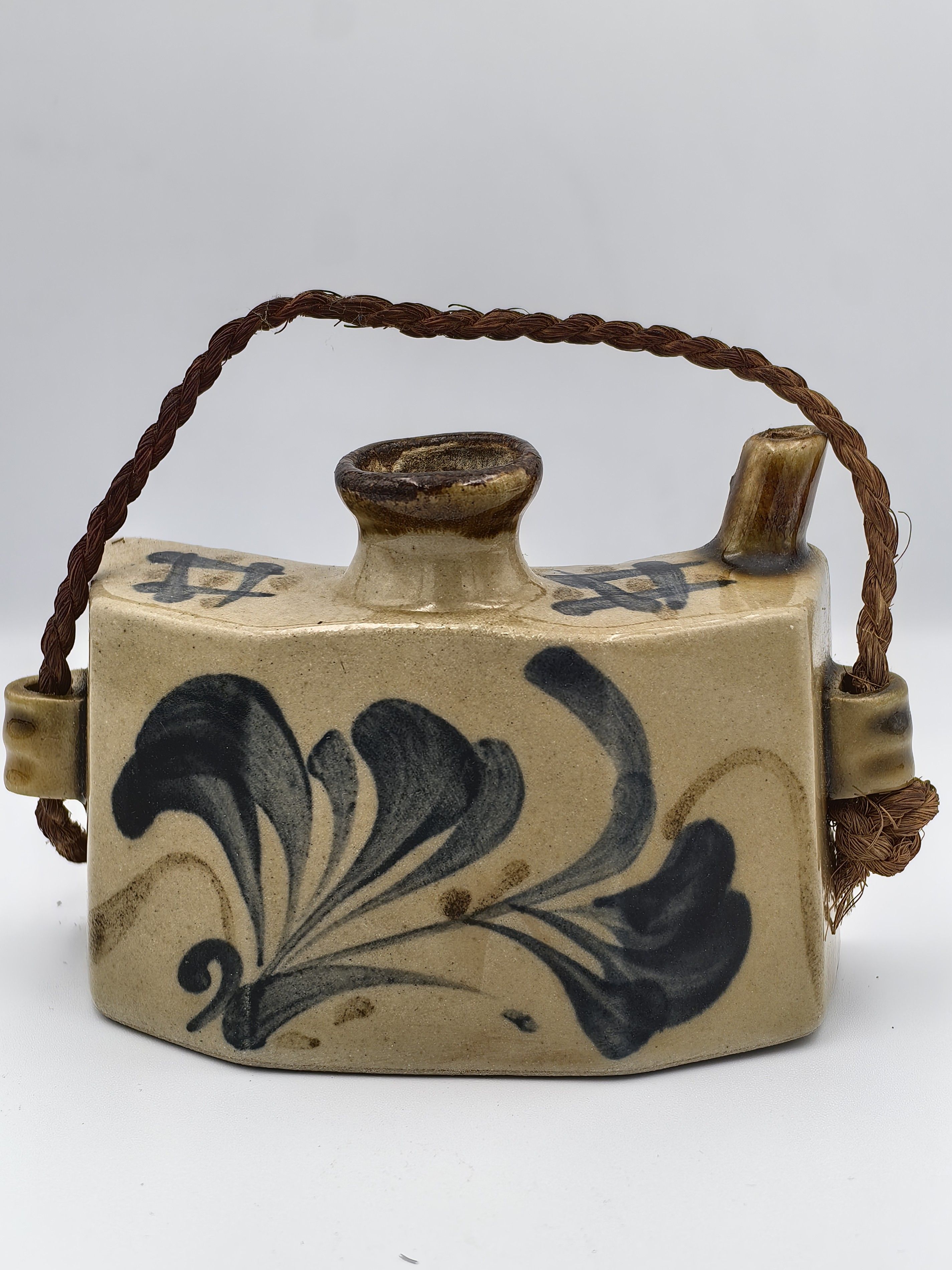 Tsuboya-Yaki Japanese Teapot Brown With Blue Flower - Additional view