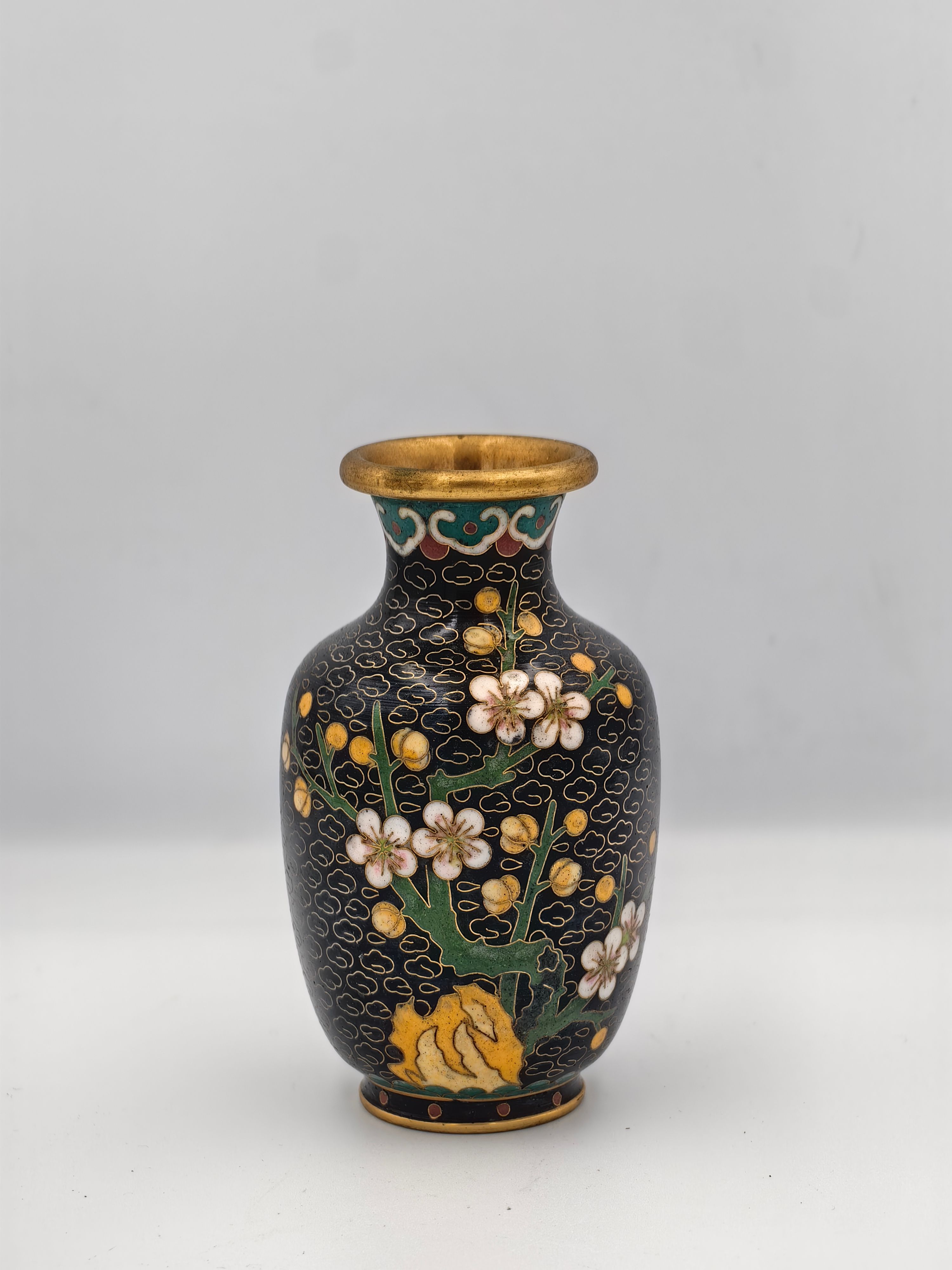Chinese Cloisonne Vase Black Floral Design - Additional view