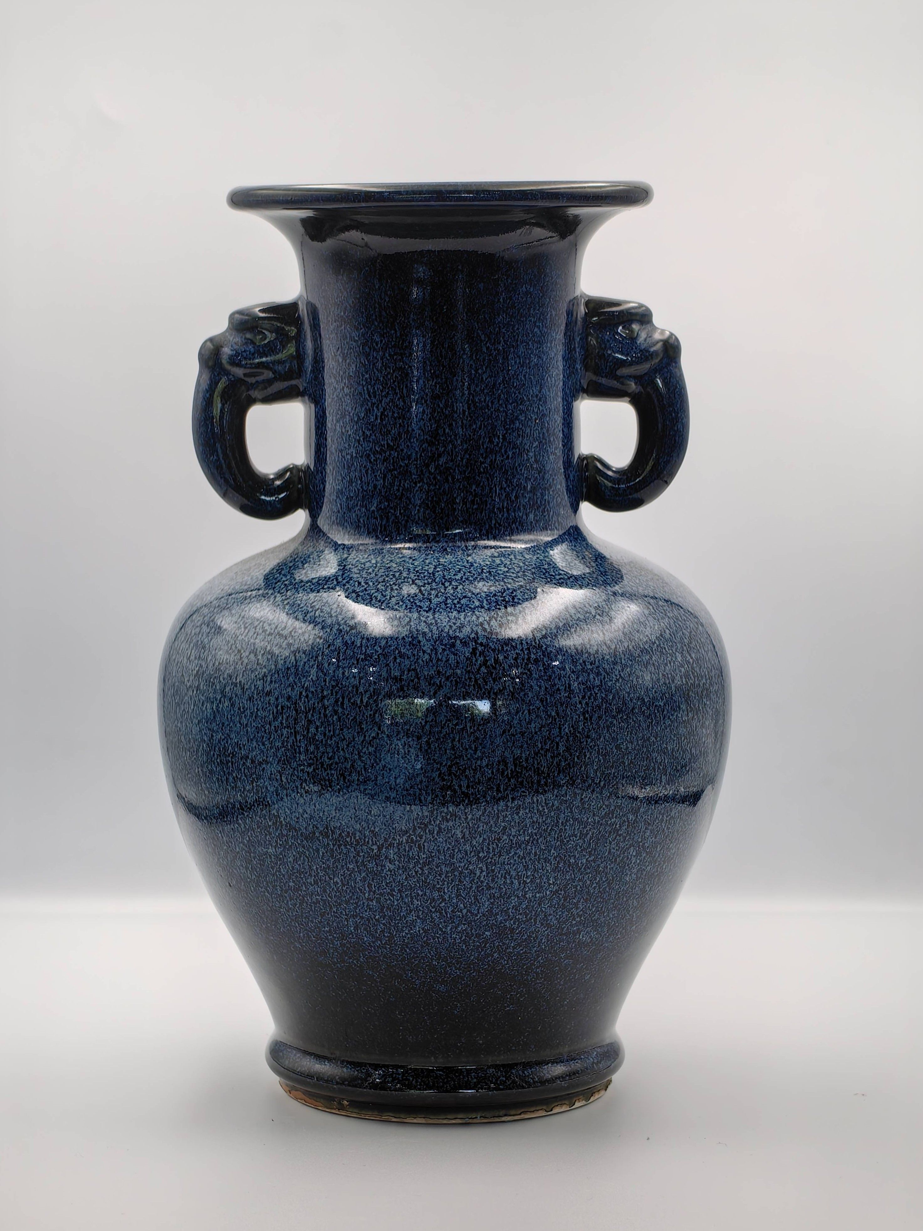 Monochrome Blue Vase with Elephant Handles