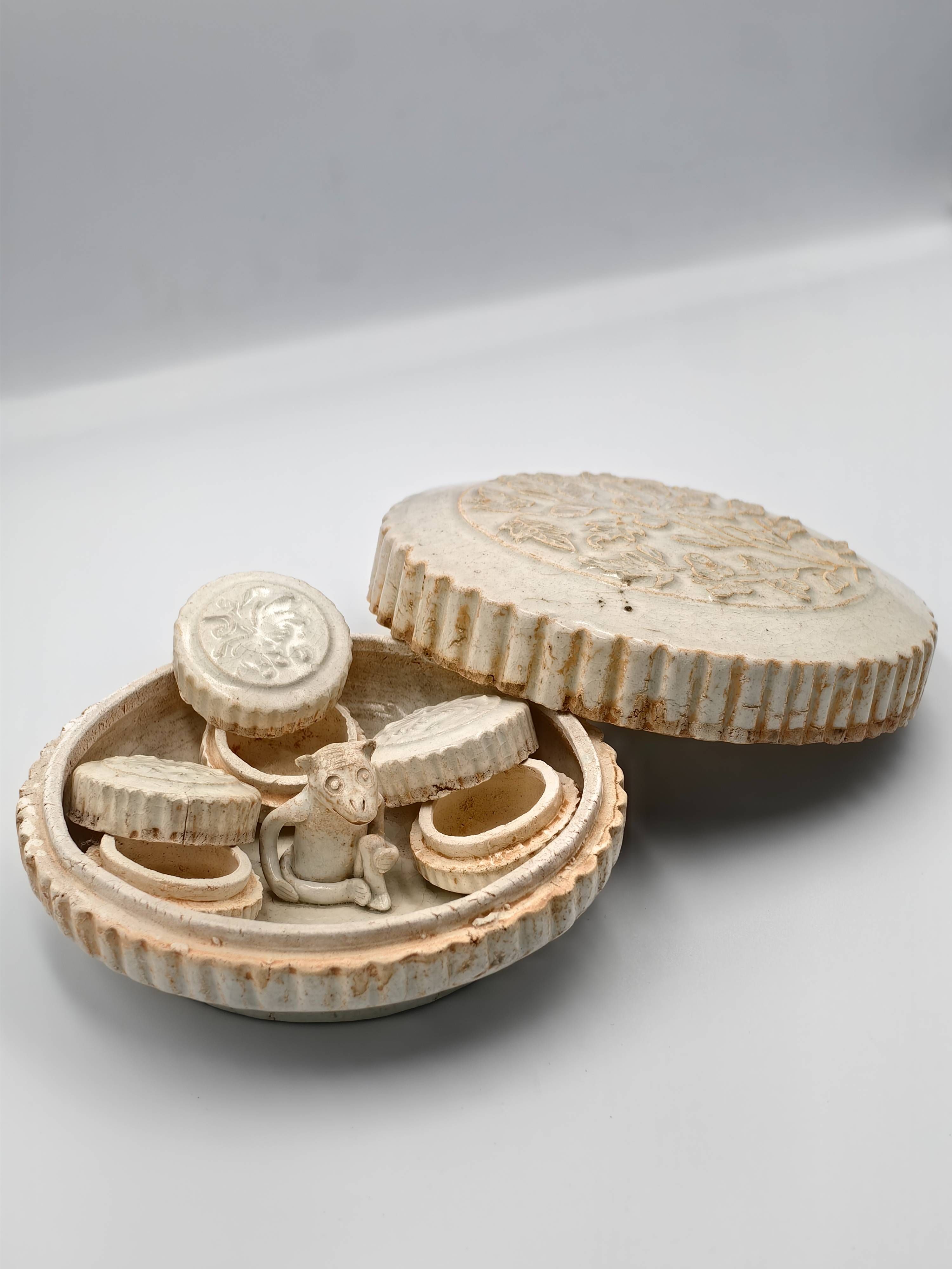 Moulded Qingbai Cosmetic Box with Seated Monkey Figure